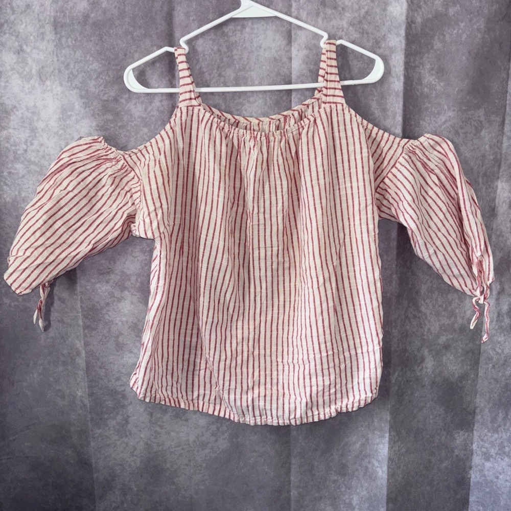 Madewell Women Large Cold Shoulder‎ Top Women Red White Striped Cotton Boho - Picture 6 of 11